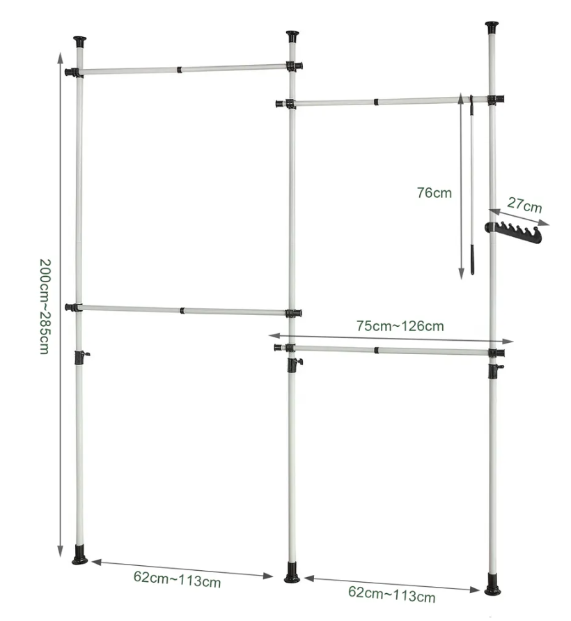 SoBuy - Kledingrek - 4 Kledingstangen - Verstelbaar - 124-226 x 285 cm - Wit