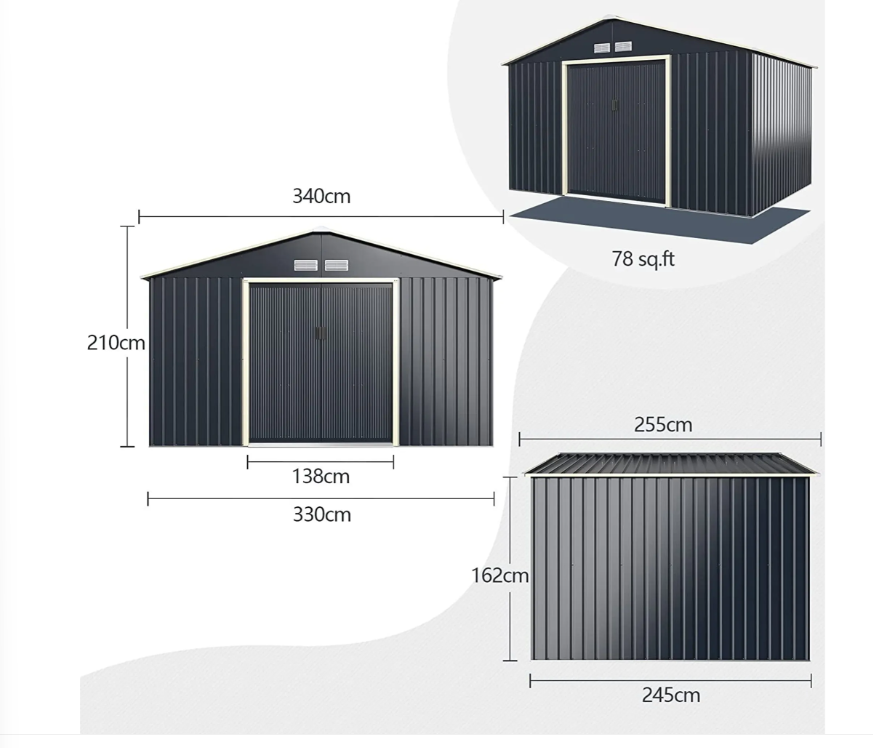 Coast - Metalen Tuinschuur (XXL) - 340 x 255 x 210 cm - Afsluitbaar - Dubbele Schuifdeur - 4 Ventilatiesleuven - Antraciet/Groen