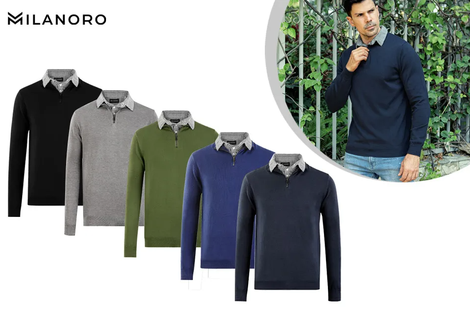 Milanoro Herenpullover met overhemdkraag dark grey Maat L