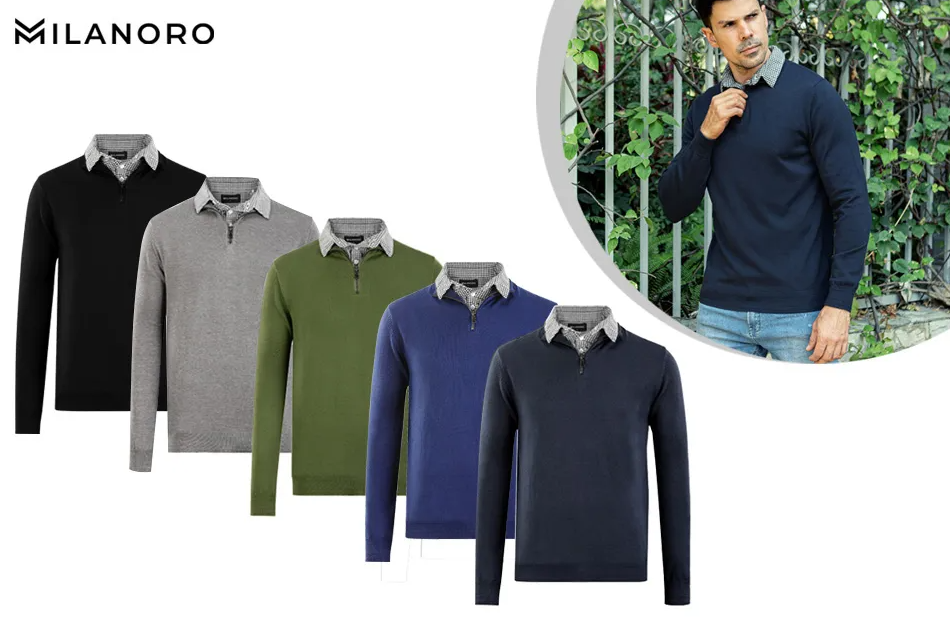 Milanoro - Herenpullover met overhemdkraag en halve rits - Navy - XXL