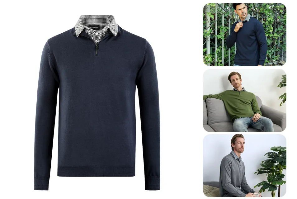 Milanoro - Herenpullover met overhemdkraag en halve rits - Navy - XXL