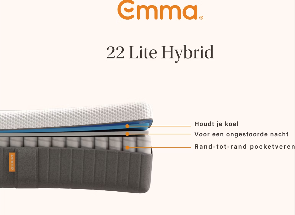 Emma Sleep 22 Lite Hybrid Matras | 180 x 200 cm - Wit