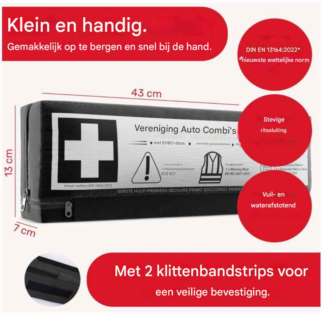 HELDENWERK - Combi-verbanddoos & Verbandtrommel - DIN 13164:2022 Norm - Zwart Kunststof - Inclusief Veiligheidshesje & Gevarendriehoek - 3-in-1 Autoveiligheidsset - Compact & Verplicht