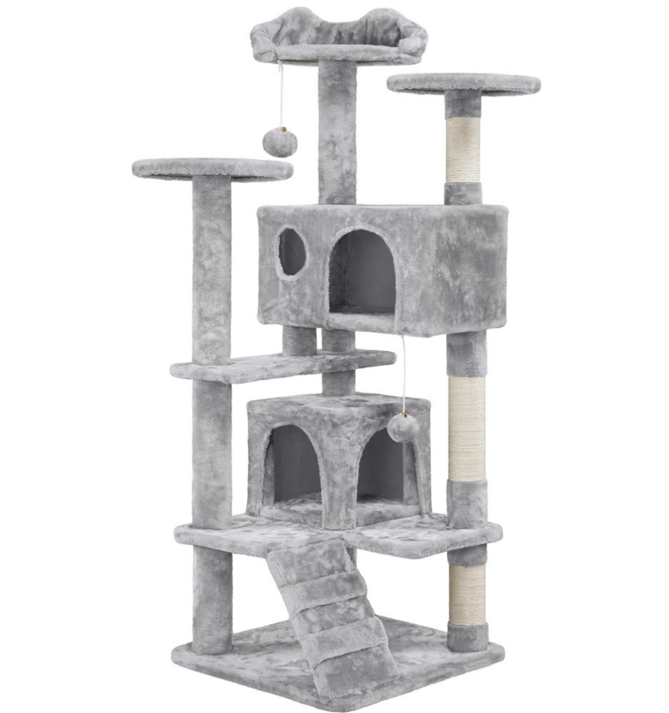 Yaheetech Krabpaal 139 cm - Hellgrijs - 3 Platforms - 2 Kattenhuizen - Sisalpalen