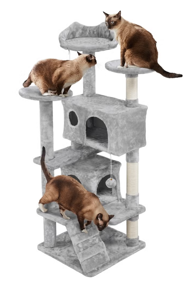 Yaheetech Krabpaal 139 cm - Hellgrijs - 3 Platforms - 2 Kattenhuizen - Sisalpalen