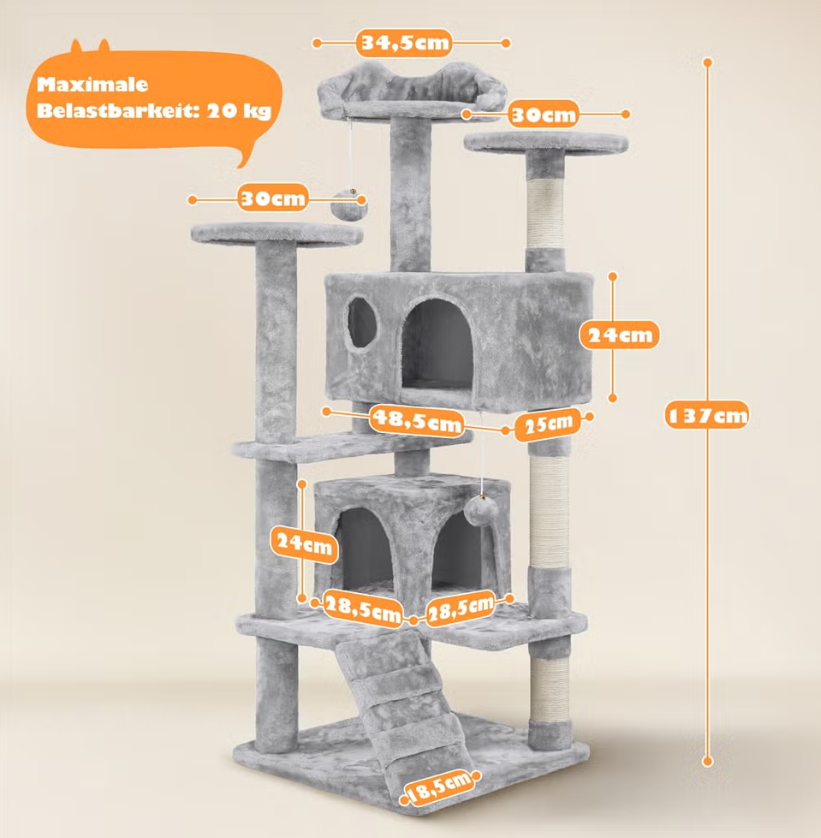 Yaheetech Krabpaal 139 cm - Hellgrijs - 3 Platforms - 2 Kattenhuizen - Sisalpalen