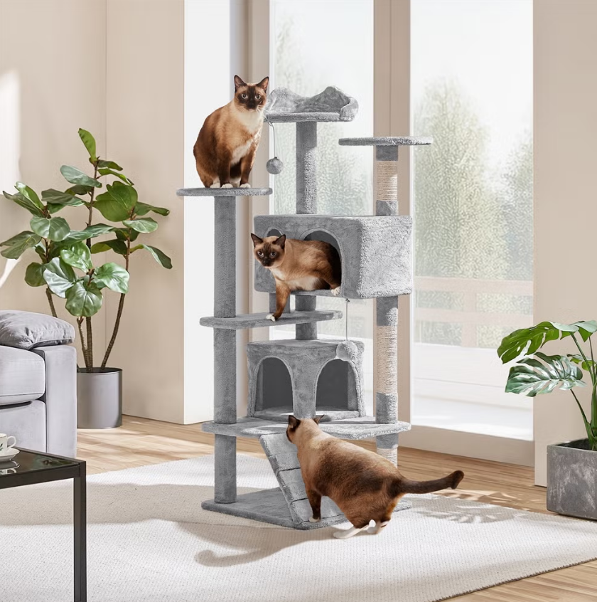Yaheetech Krabpaal 139 cm - Hellgrijs - 3 Platforms - 2 Kattenhuizen - Sisalpalen