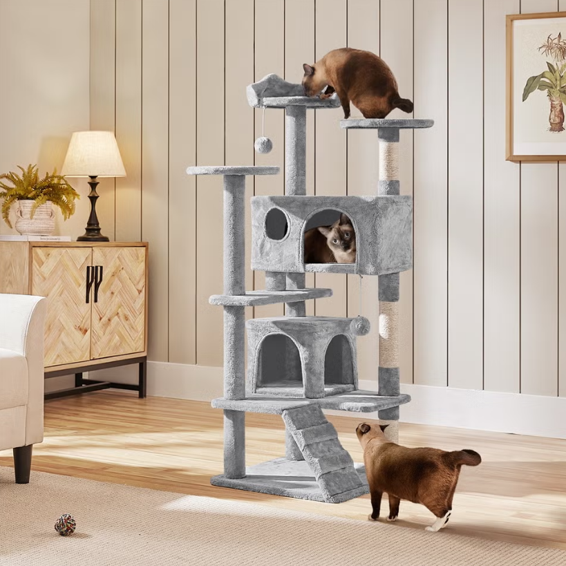 Yaheetech Krabpaal 139 cm - Hellgrijs - 3 Platforms - 2 Kattenhuizen - Sisalpalen