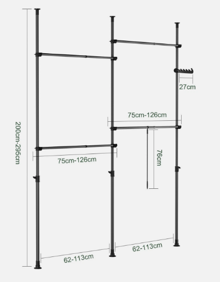 SoBuy KLS03-II-SCH Open Kledingrek - Verstelbaar 124-226 x 200-295 cm - Zwart - Metaal - Vrijstaand & Hoekopstelling