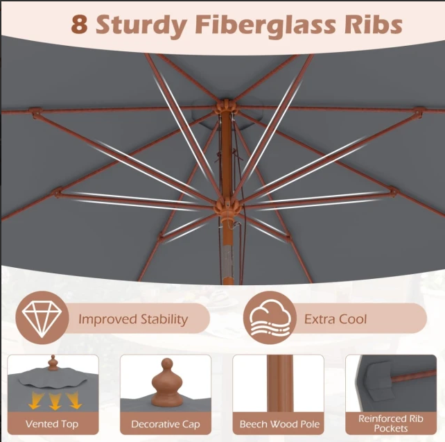 Costway Tuinparasol - 300 cm - Kantelbaar - Houten Paal - Weerbestendig - Grijs