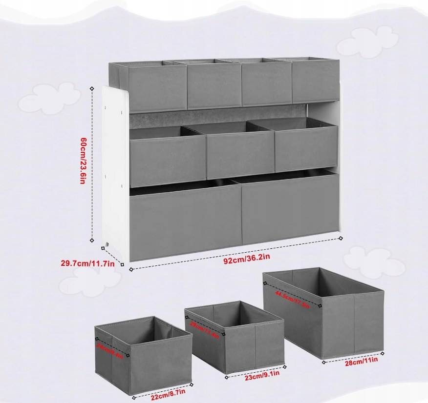 Lestarain LETSJF0013 - kinderkamer opbergrek - 9 uitneembare opbergboxen - wit en grijs - 92 x 60/68 x 30 cm