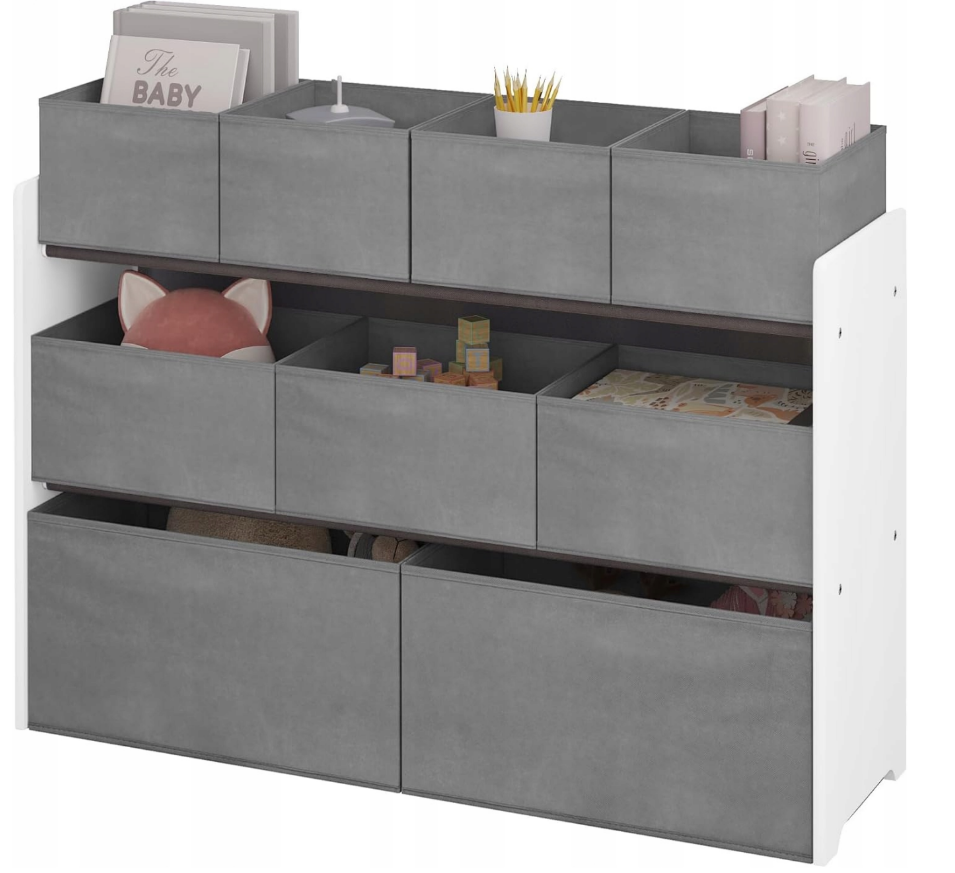 Lestarain LETSJF0013 - kinderkamer opbergrek - 9 uitneembare opbergboxen - wit en grijs - 92 x 60/68 x 30 cm