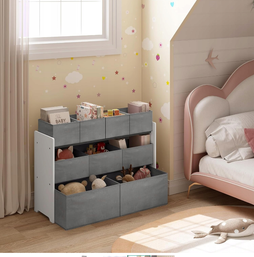 Lestarain LETSJF0013 - kinderkamer opbergrek - 9 uitneembare opbergboxen - wit en grijs - 92 x 60/68 x 30 cm