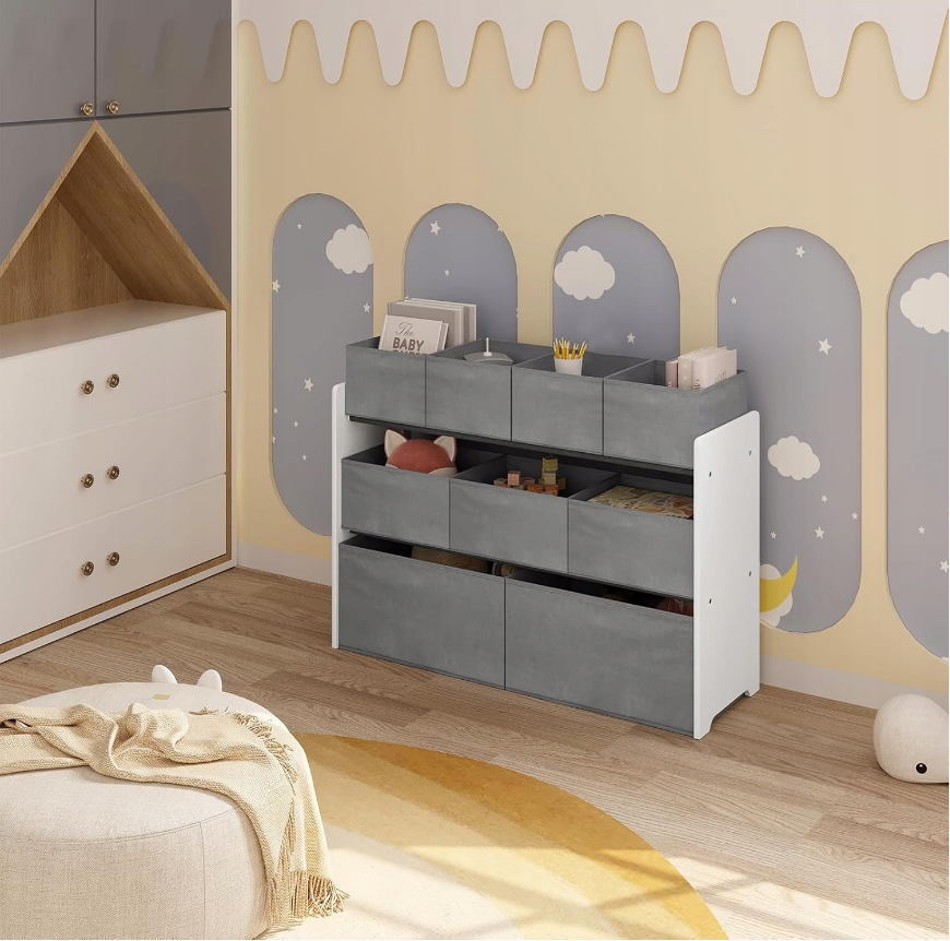 Lestarain LETSJF0013 - kinderkamer opbergrek - 9 uitneembare opbergboxen - wit en grijs - 92 x 60/68 x 30 cm