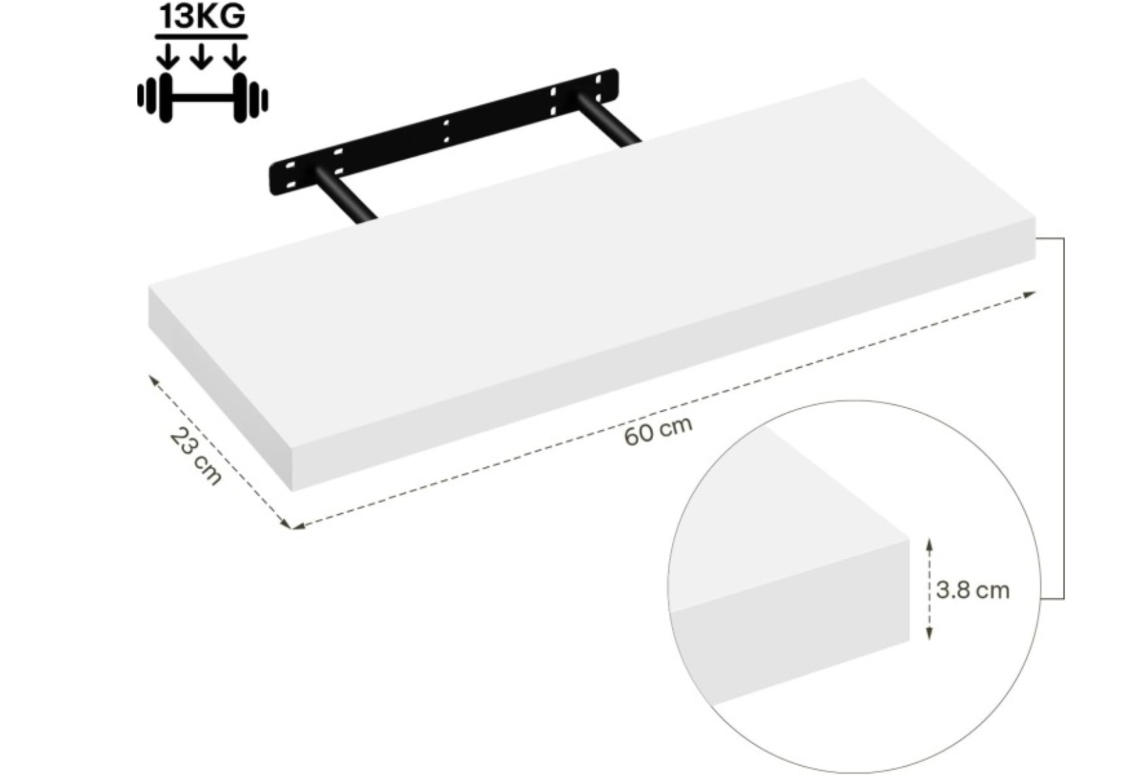 eSituro SWS0196 wandplank - zwevende wandplank - wit MDF - 60 x 23 x 3,8 cm