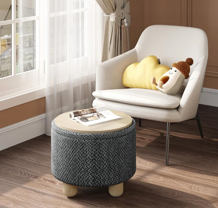 Woltu Poef Met Opbergruimte - Rond - Gestoffeerd - Houten - 32x32x36,5 cm - Grijs