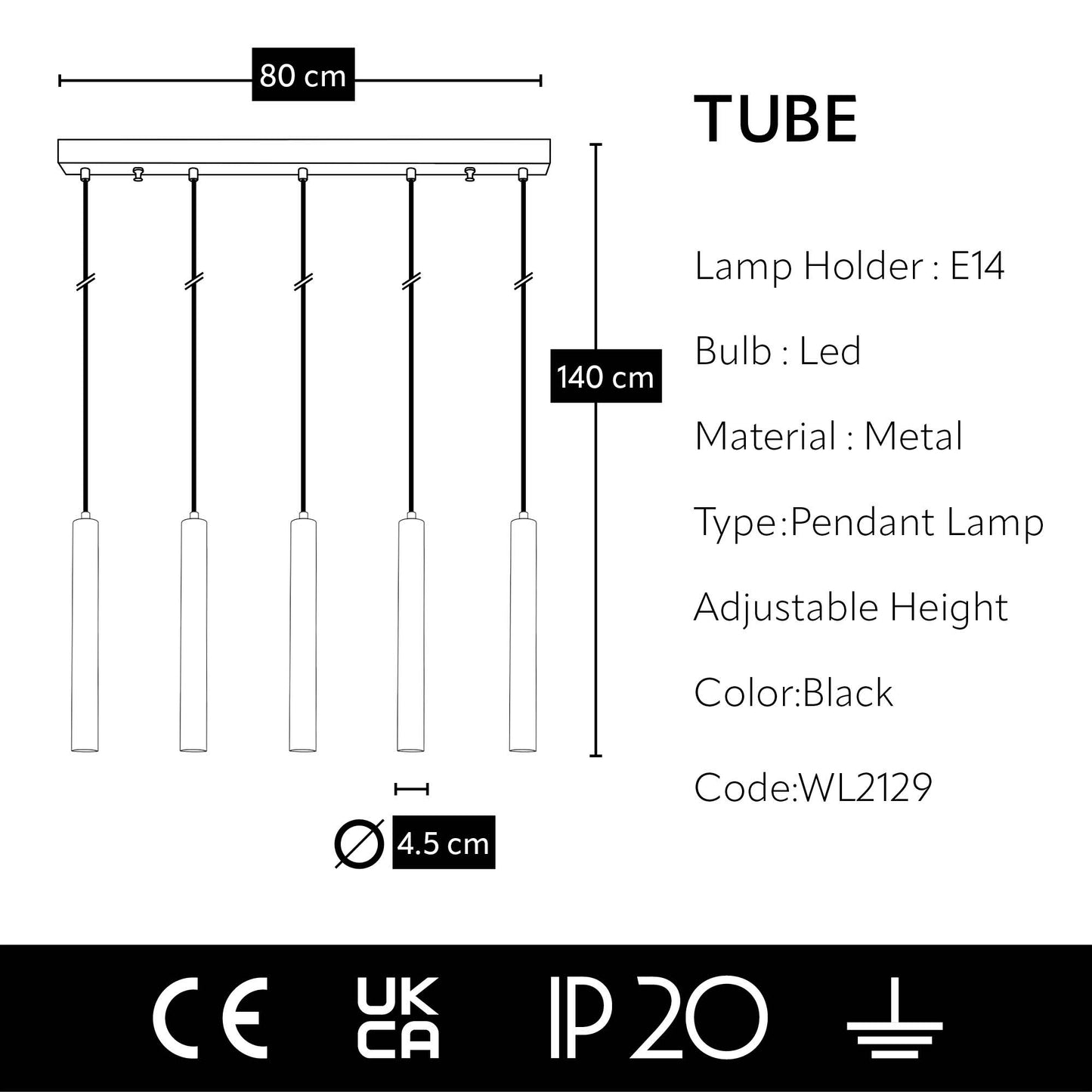 Squid Lighting Hanglamp - 5 Tubes - 80 x 140 cm - Zwart