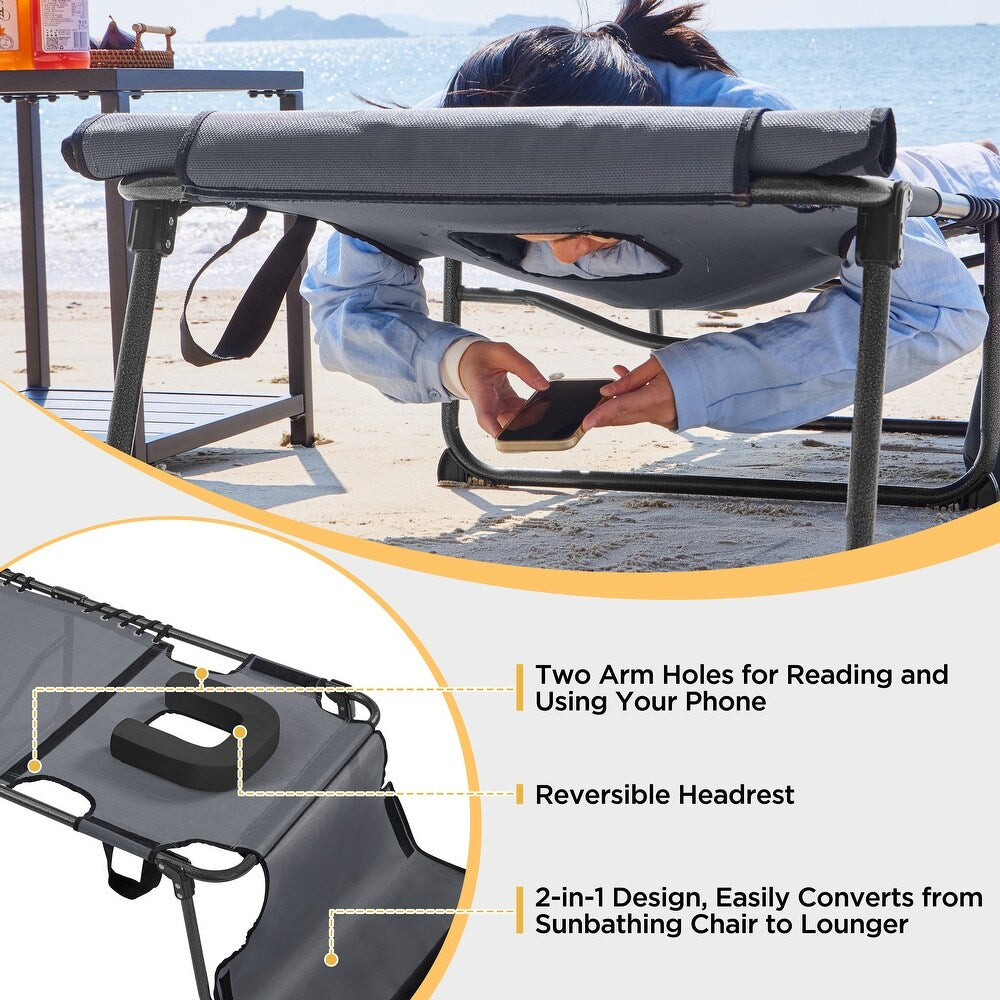Yaheetech Opvouwbare Tanning Lounger met Gezichtsopening en Dik Kussen - Grijs/Zwart - 190 x 67 x 36 cm