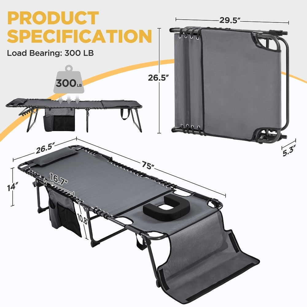 Yaheetech Opvouwbare Tanning Lounger met Gezichtsopening en Dik Kussen - Grijs/Zwart - 190 x 67 x 36 cm