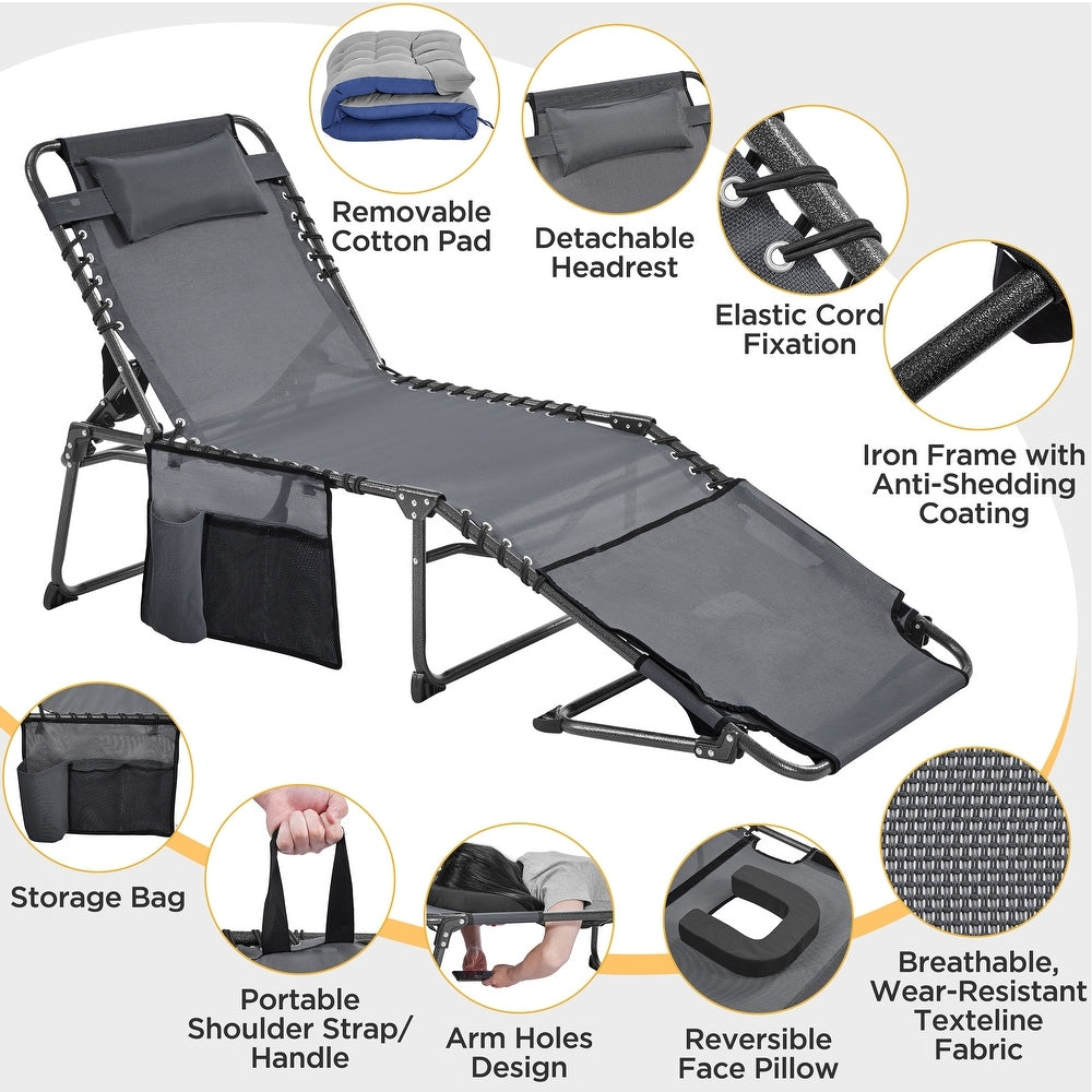Yaheetech Opvouwbare Tanning Lounger met Gezichtsopening en Dik Kussen - Grijs/Zwart - 190 x 67 x 36 cm
