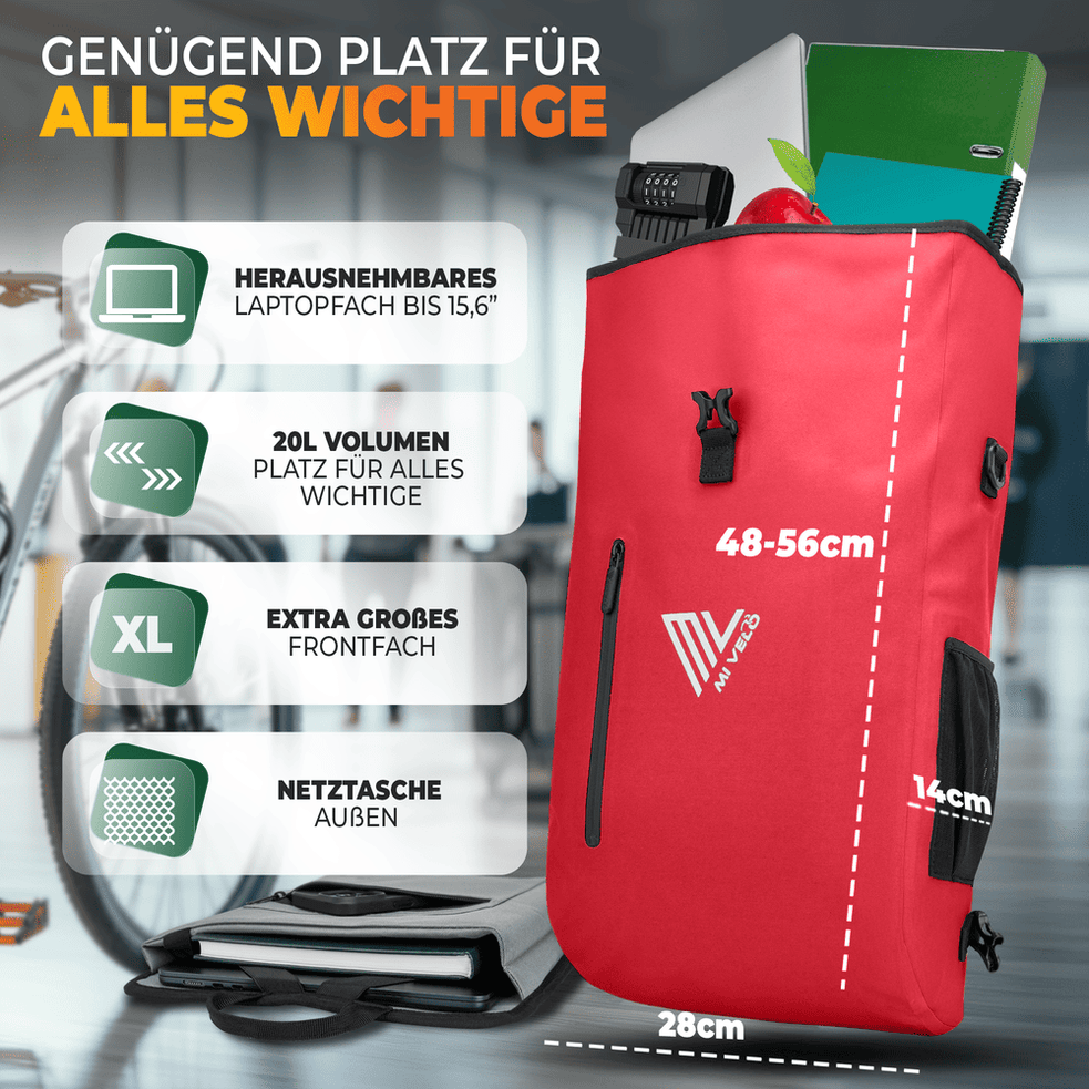 Mivelo PRIMUS - 3-in-1 Waterdichte Fietstas met Laptopvak - Rood - 20 L