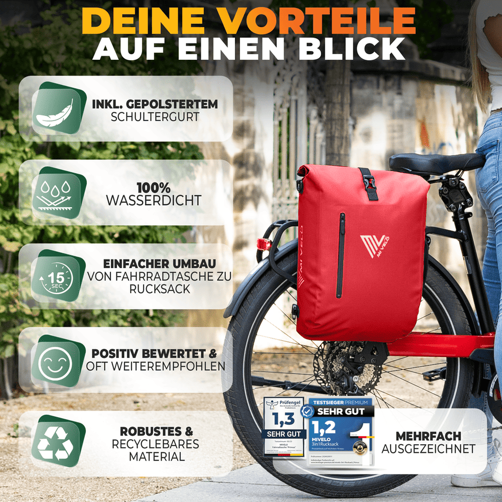 Mivelo PRIMUS - 3-in-1 Waterdichte Fietstas met Laptopvak - Rood - 20 L