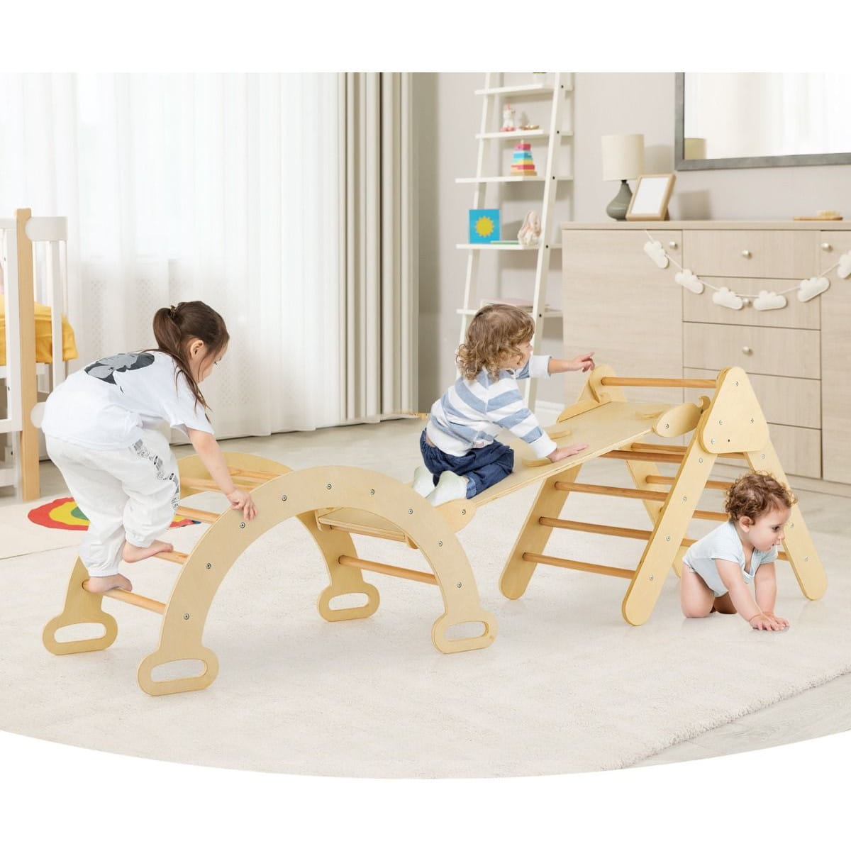 Coast Houten Klimspeelset 3-in-1 - Montessori, Klimdriehoek, Glijbaan/Oprit - 98 x 55 x 64 cm - Beukenhout - Naturel/Kleurrijk