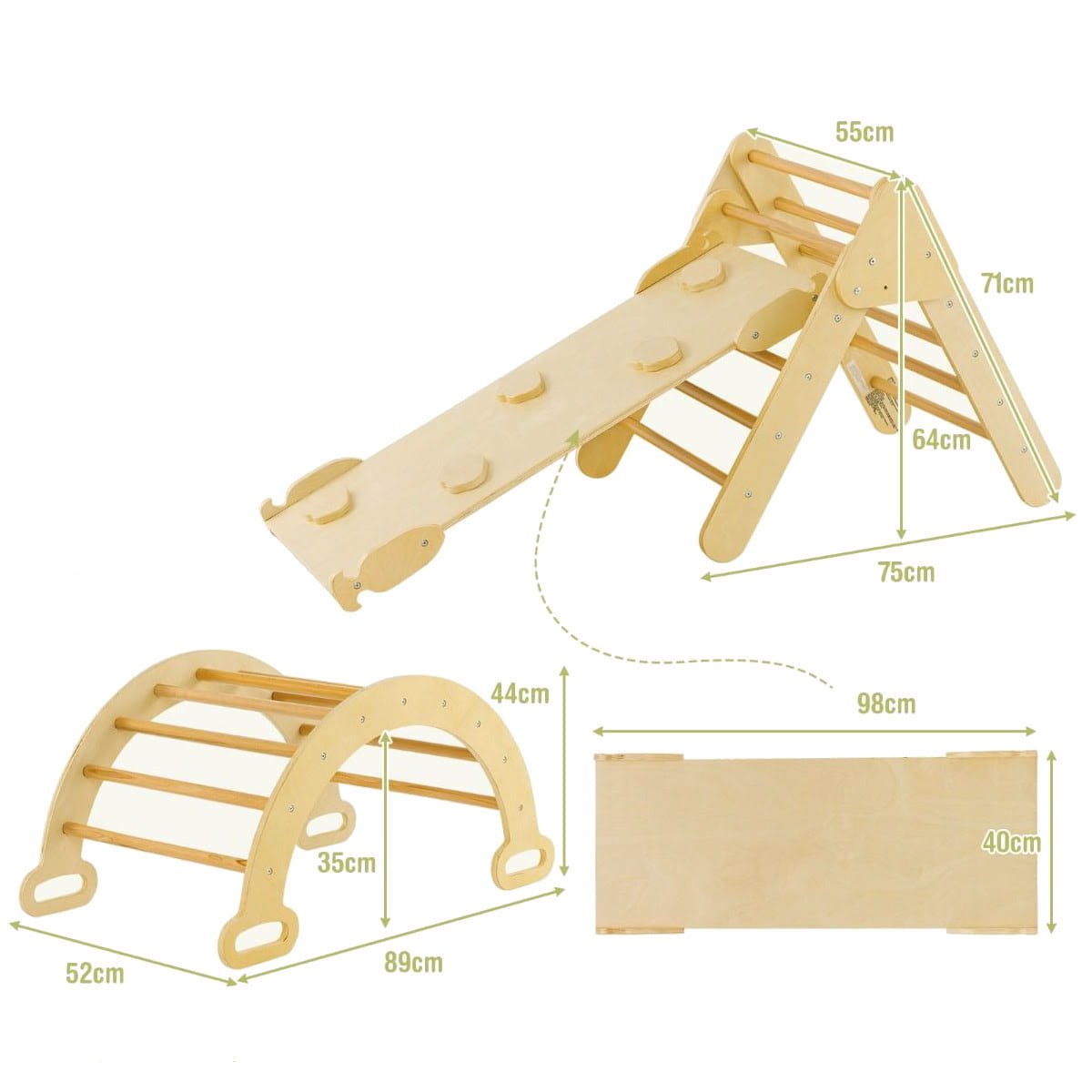 Coast Houten Klimspeelset 3-in-1 - Montessori, Klimdriehoek, Glijbaan/Oprit - 98 x 55 x 64 cm - Beukenhout - Naturel/Kleurrijk