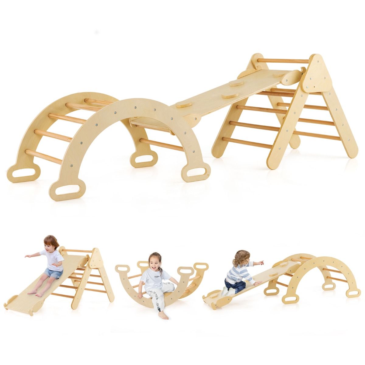 Coast Houten Klimspeelset 3-in-1 - Montessori, Klimdriehoek, Glijbaan/Oprit - 98 x 55 x 64 cm - Beukenhout - Naturel/Kleurrijk