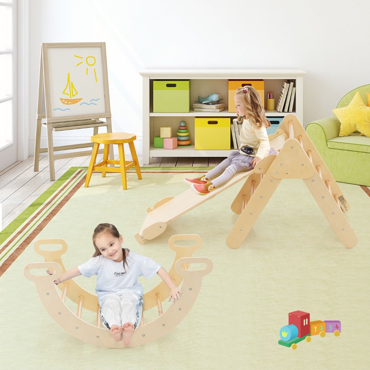 Coast Houten Klimspeelset 3-in-1 - Montessori, Klimdriehoek, Glijbaan/Oprit - 98 x 55 x 64 cm - Beukenhout - Naturel/Kleurrijk