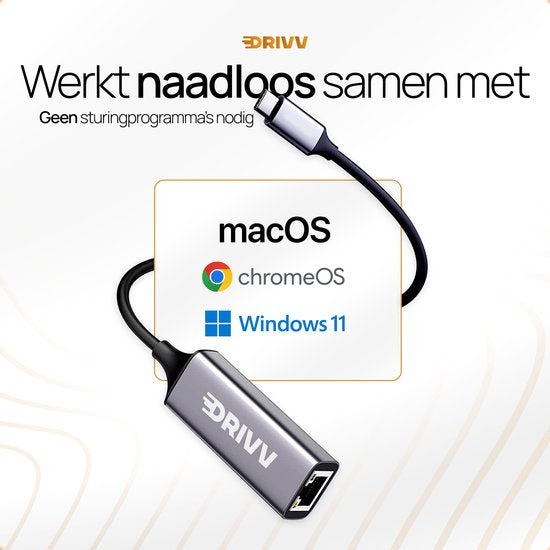 Drivv. USB-C naar Ethernet Adapter / Internet / Netwerk - 10/100/1000 MBps - Grijs