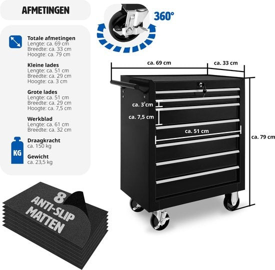 tectake® - Gereedschapswagen met 7 lades - zwart - 402800