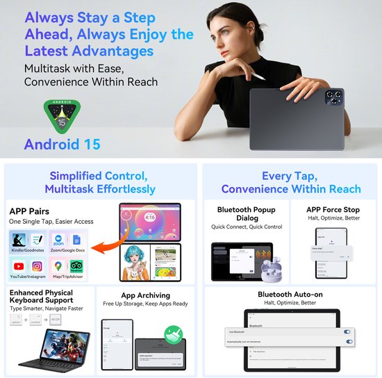 BESTTAB W90 Tablet - 11 Inch Tablet - 24GB RAM - 256GB ROM - 8000 mAh - Android 15 - WIFI 6 - Touchscreen Tablet - Dubbele Simkaart - Grijs