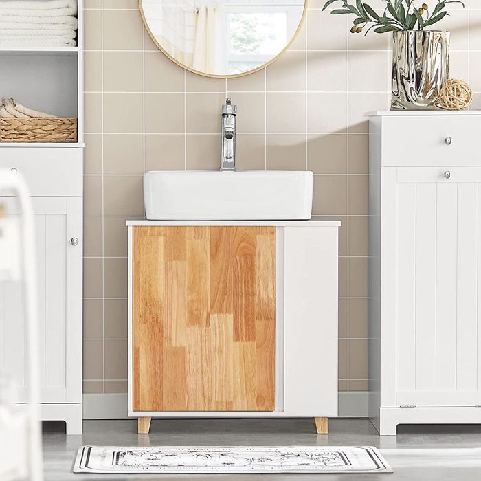SoBuy - Wastafel onderkast met 1 deur en 2 zijvakken - 60 x 30 x 60 cm - Max. 30KG - Wit