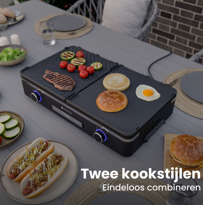 KitchenBrothers Elektrische Grillplaat KB4204 - 2400W - 2 Zones - Geribbeld & Vlak - Zwart - 50x30 cm