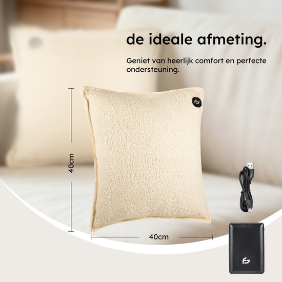 Warmtekussen – 3 warmtestanden – Warmtekussen Oplaadbaar – 10k mAh Powerbank – Draadloos – Warmte Kussen – 40 x 40 cm – Bouclé Off-white – Saaf Comfort