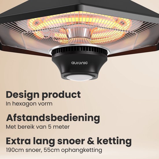 Auronic Terrasverwarmer - Infrarood Verwarming - Hangend - 20m2 - Elektrisch - 2000W - Afstandsbediening - 3 Standen - Zwart