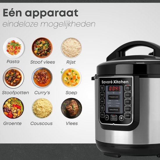 Savoré Kitchen Pressure Cooker 6L – Tot 6 Pers. – PFAS-vrij – 29 × 33,5 cm – Snelkookpan, Rijstkoker, Slowcooker, Stomer, Sous-vide & Multicooker