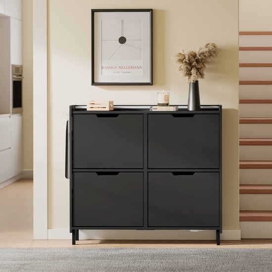 SoBuy Schoenenkast voor entree - Schoenenrek van hout met led en design - Voor entree en hal, voor kleine ruimtes - Zwart, 100 x 19 x 93 cm, FSR100-E-SCH