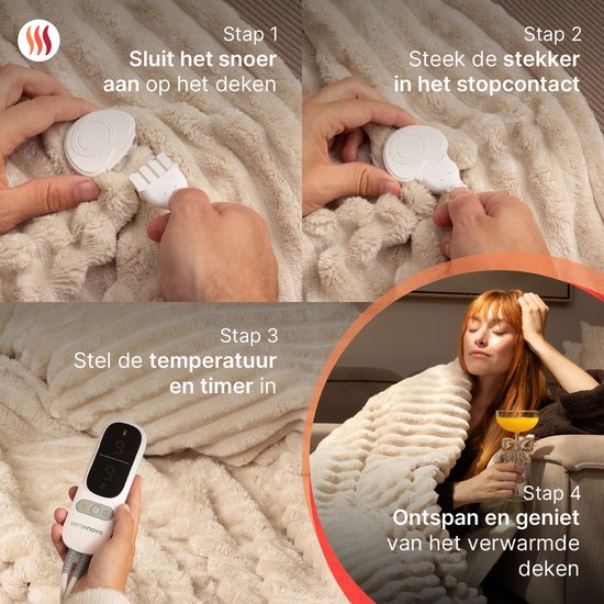 Seranova Elektrische Deken XXL - Extra Warmtedraden - Gestreept Model - 180x160 cm - 2 persoons Warmtedeken - Dubbelzijdig Fleece - Beige