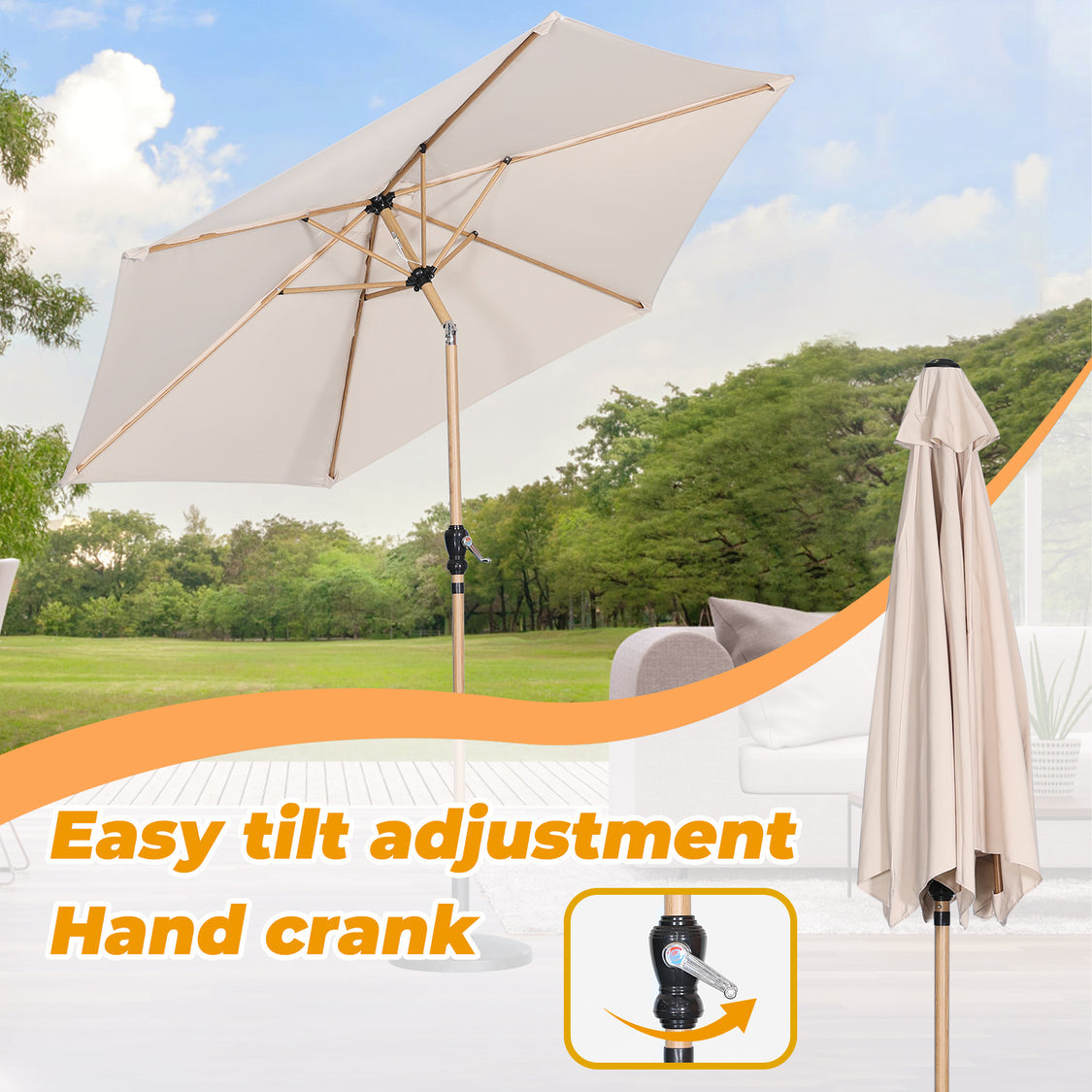 Angel Living Parasol Ø 300 cm - Rond Kantelbare Tuinparasol met Zwengel - Aluminium en Polyester - UV50+ - Waterafstotend - Cremegeel