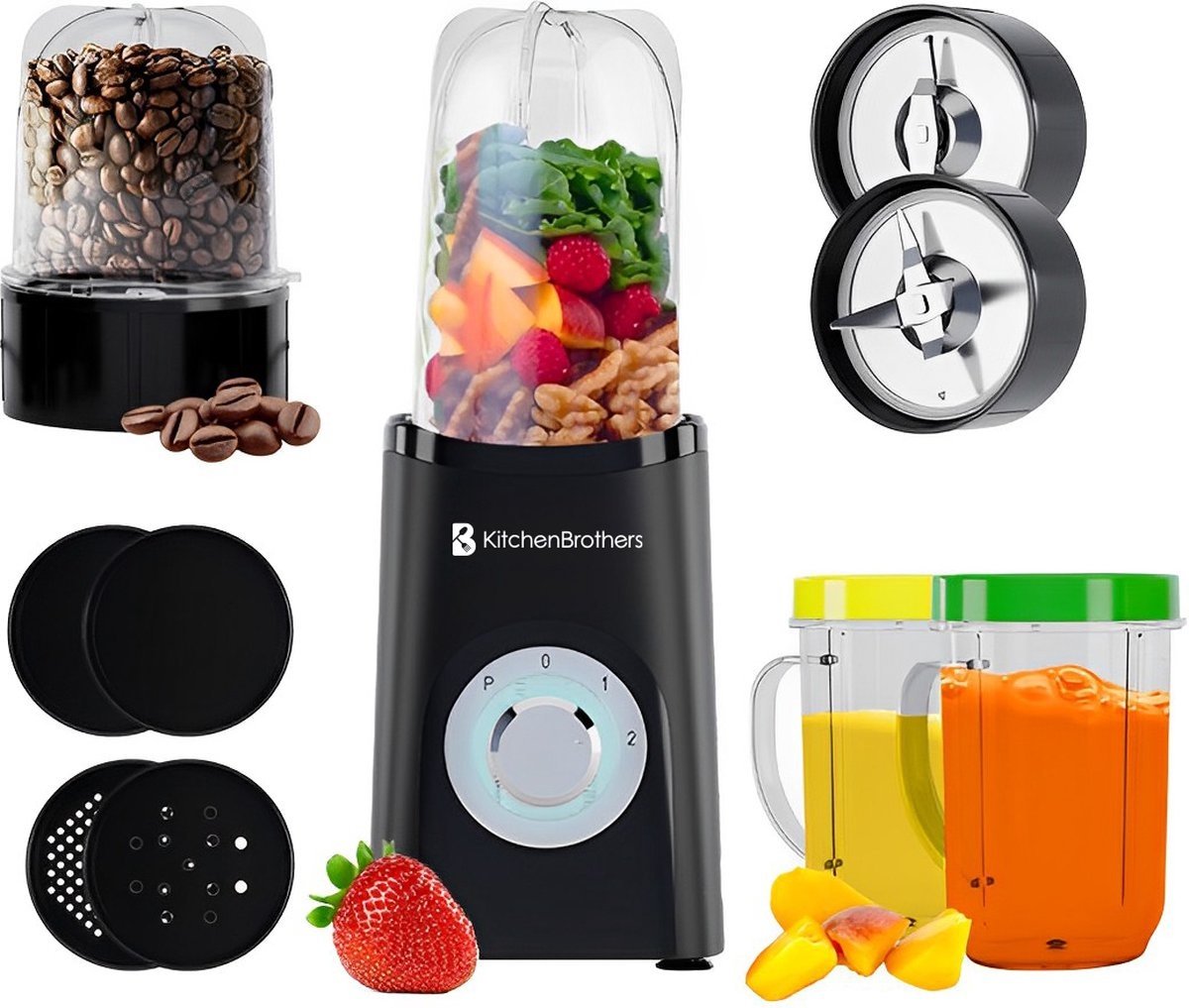 KitchenBrothers Smoothie Blender  2-in-1 - 4 Bekers Mini Blender To Go  Mini Blender  Zwart