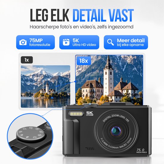 Strex Digitale Camera 5K 75MP - Fototoestel - Compactcamera met Wifi - Vlog Camera - Fotocamera voor Kinderen - 18x Zoom - Draaibaar Scherm - Zwart