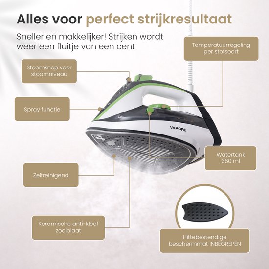 Vapore - Stoomstrijkijzer 2400W - Keramische Zoolplaat - Strijkbout - 34g/min Stoom - Anti-Drip - Iron - Zelfreinigend - Incl. Hittebestendige Strijkmat