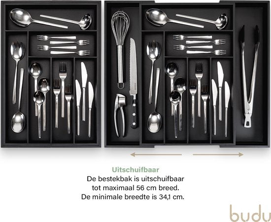 Budu Uitschuifbare Bamboe Bestekbak #50 (50 cm diep) - Zwart - Bestekcassette Hout - Besteklade - 50 x 34,1 - 56 cm - 6/8 vakken