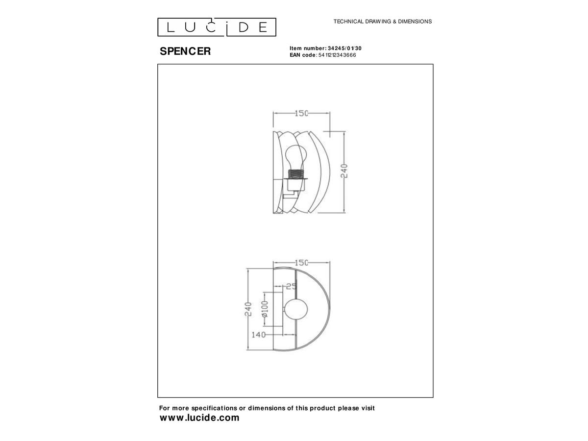 Lucide Wandlamp Spencer - Vilt en Metaal - 24 x 15 x 24 cm - Zwart