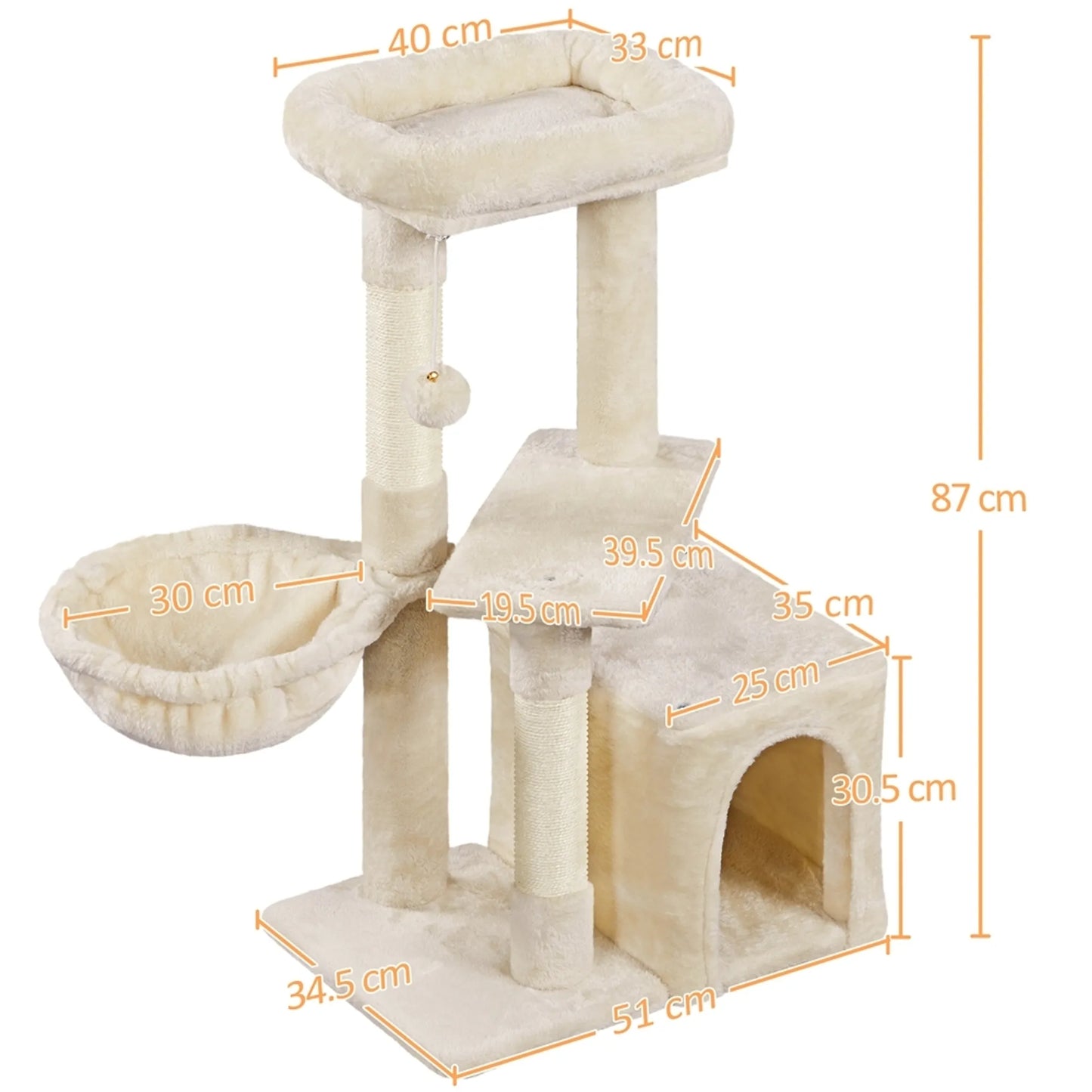 Yaheetech Krabpaal Met 3 Verdiepingen – Voorzien Van Sisalpalen En Kattenmand En Hangmat En Verwijderbare Pluche Bal – Voor Kleine En Middelgrote Katten – Beige Pluche En E1 Spaanplaat – 51 x 34,5 x 87 cm