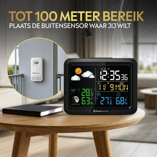 MostEssential Classic Edition Weerstation - Plug & Play Installatie - Draadloos - Weerstation met Buitensensor - Hygrometer - Binnen en Buiten - 100 Meter Bereik - 1 sensor