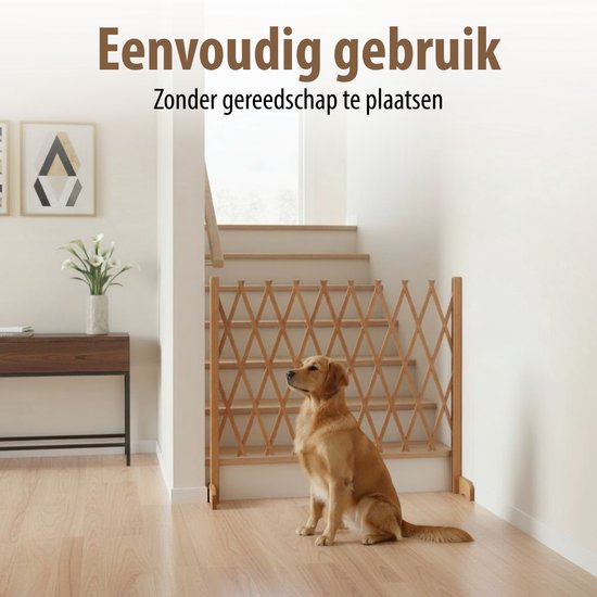 maxxpro Uitschuifbaar Hondenhek - Veiligheidshekje Uittrekbaar 26-124 cm - voor Trap of Deuropening - Traphekje zonder Boren - Hondenrek Binnen en Buiten - Hout - 77 cm Hoog