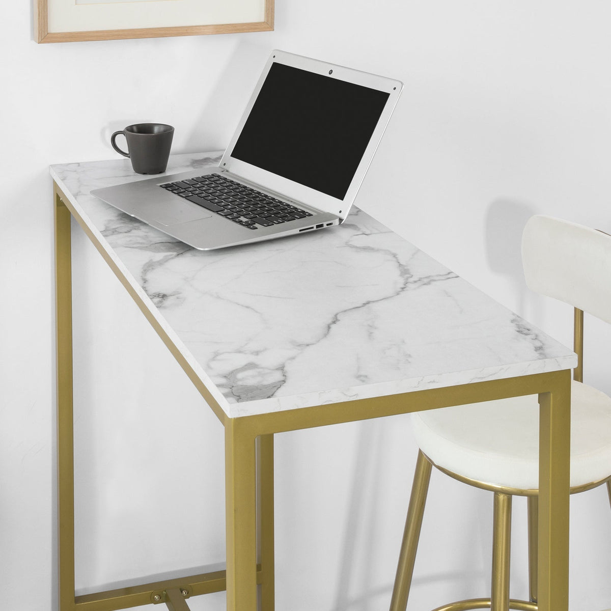 SoBuy Bartafel hoog - Max. 50 kg - Marmer Effect - 100 x 40 x 106 cm - Wit / Goud